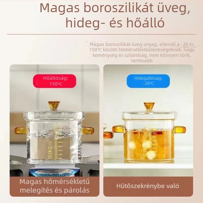Átlátszó üveg kis levesfazék mérőskálával, dupla fogantyúval és fedővel – tojás párolására és tejfőzésre