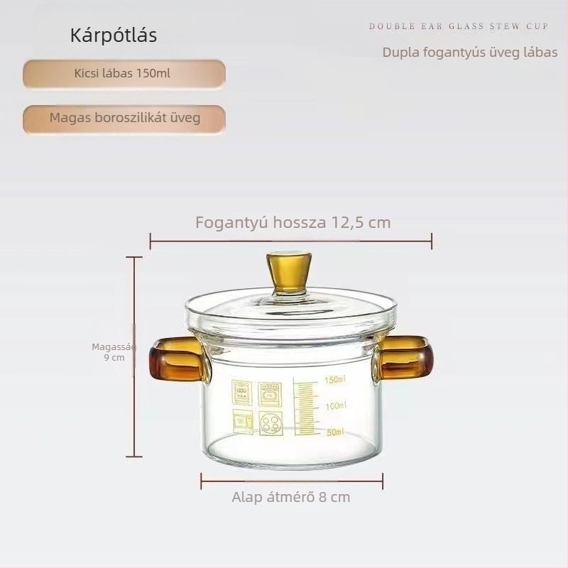 Átlátszó üveg kis levesfazék mérőskálával, dupla fogantyúval és fedővel – tojás párolására és tejfőzésre