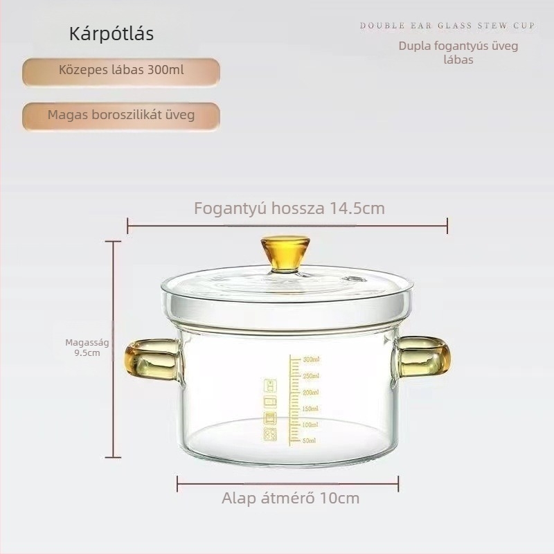 Átlátszó üveg kis levesfazék mérőskálával, dupla fogantyúval és fedővel – tojás párolására és tejfőzésre
