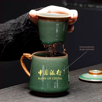 Kerámi teáscsésze tea–víz elválasztással, irodai teáskészlet ajándékdobozban