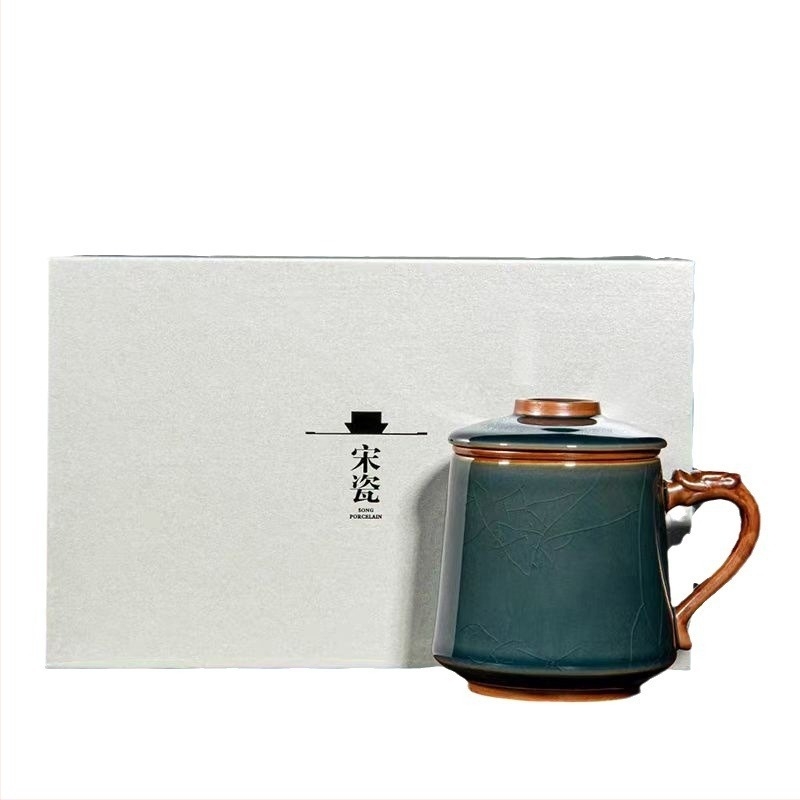Kerámi teáscsésze tea–víz elválasztással, irodai teáskészlet ajándékdobozban