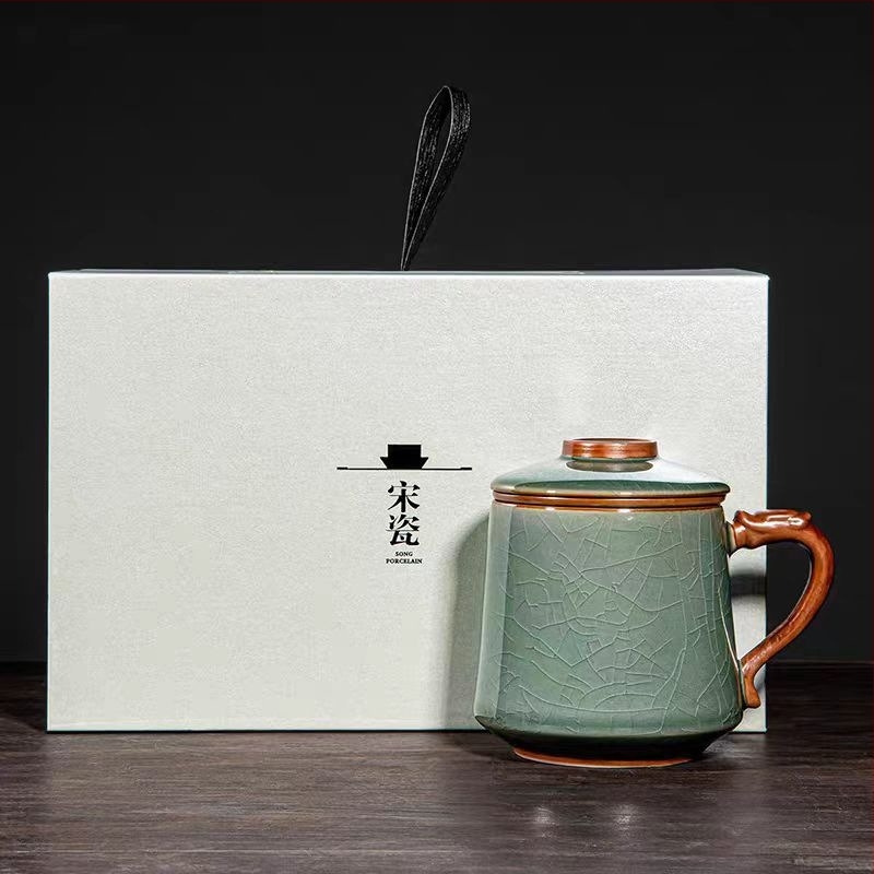 Kerámi teáscsésze tea–víz elválasztással, irodai teáskészlet ajándékdobozban