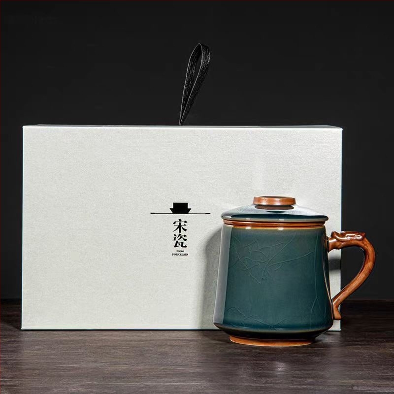 Kerámi teáscsésze tea–víz elválasztással, irodai teáskészlet ajándékdobozban