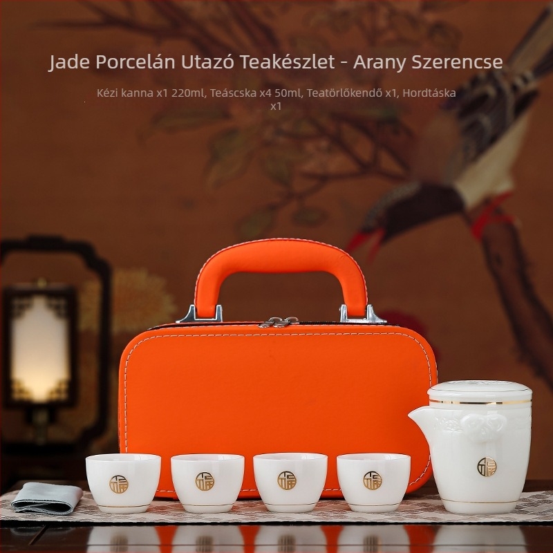 Utazási teáskészlet egy teáskannával és négy csészével, egyszerű égésvédelmi dizájn, hordozható jade-szerű felülettel, ajándékkészlet