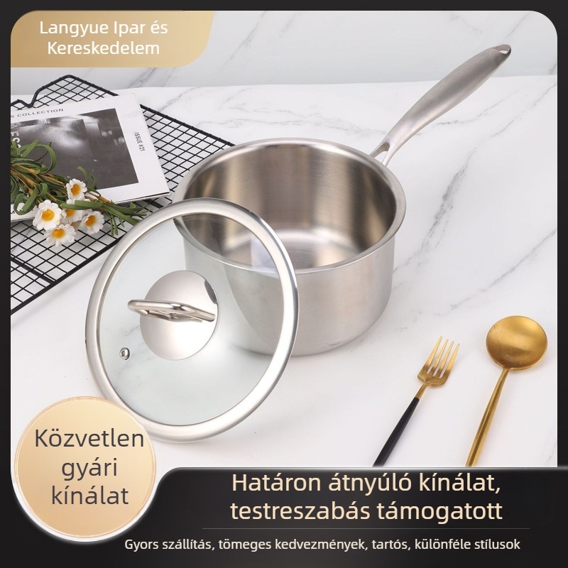 Rozsdamentes acélból készült pörköltfazék egy fogantyúval, háromrétegű alappal, lapos aljú kis leveses fazék a konyhába