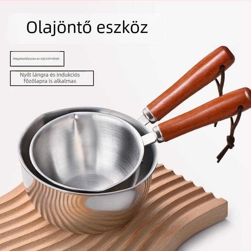 Élelmiszer‑minőségű 304-es rozsdamentes acélból készült multifunkcionális olajos kis fazék, olajleeresztő és fűszerkanállal