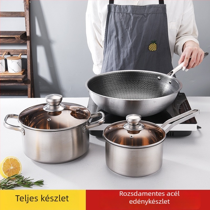 Megvastított rozsdamentes acél edénykészlet kompozit aljjal: tejfőző edény, leveses fazék és wok