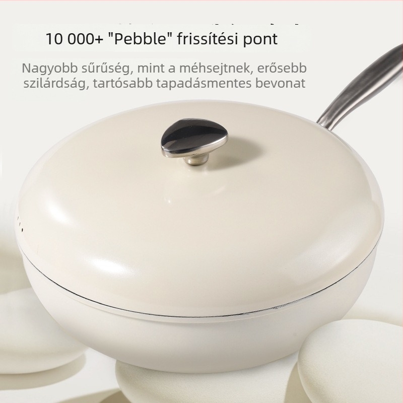 Maifanit bevonatú kavicsos wok serpenyő, tapadásmentes, sík aljzatú, otthoni használatra, alacsony füst, indukcióval kompatibilis