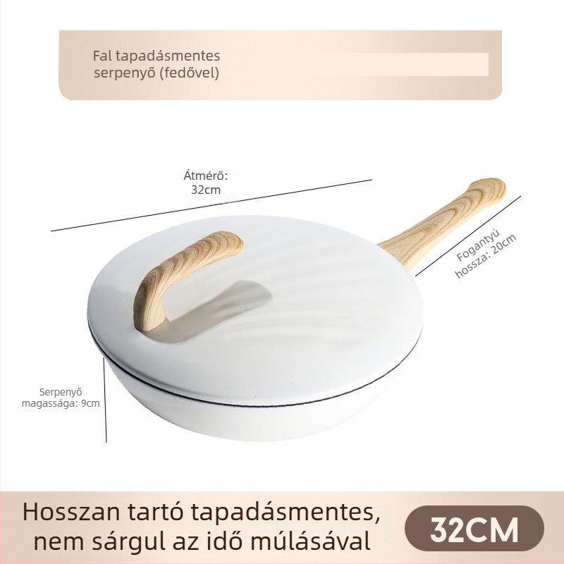 Maifanit bevonatú kavicsos wok serpenyő, tapadásmentes, sík aljzatú, otthoni használatra, alacsony füst, indukcióval kompatibilis