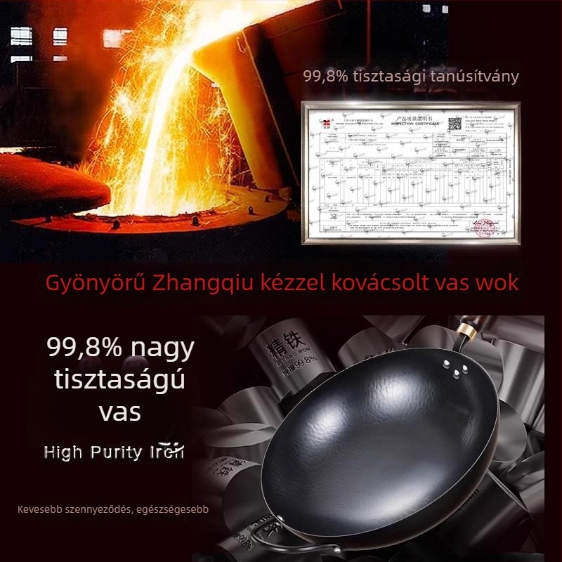 Kézzel kovácsolt tiszta vas wok, hagyományos kerek aljú serpenyő otthoni használatra