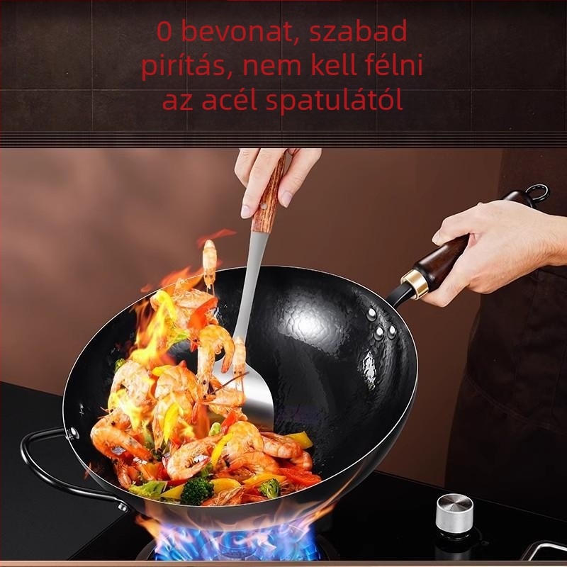 Kézzel kovácsolt tiszta vas wok, hagyományos kerek aljú serpenyő otthoni használatra