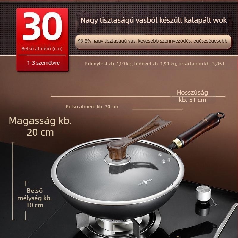 Kézzel kovácsolt tiszta vas wok, hagyományos kerek aljú serpenyő otthoni használatra
