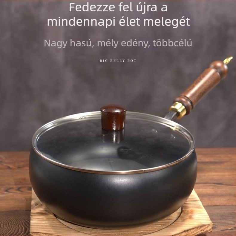 Otthoni használatra szánt mini vas edény, mély serpenyő bevonat nélkül, sík aljzattal és üvegfedővel, hagyományos nagy pocak kialakítású
