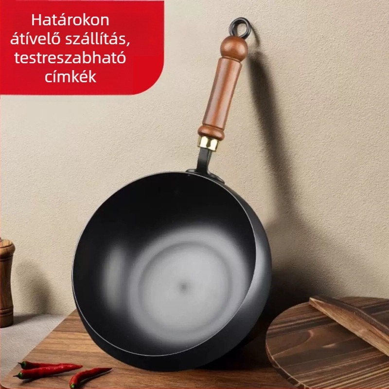 Otthoni használatra szánt mini vas edény, mély serpenyő bevonat nélkül, sík aljzattal és üvegfedővel, hagyományos nagy pocak kialakítású