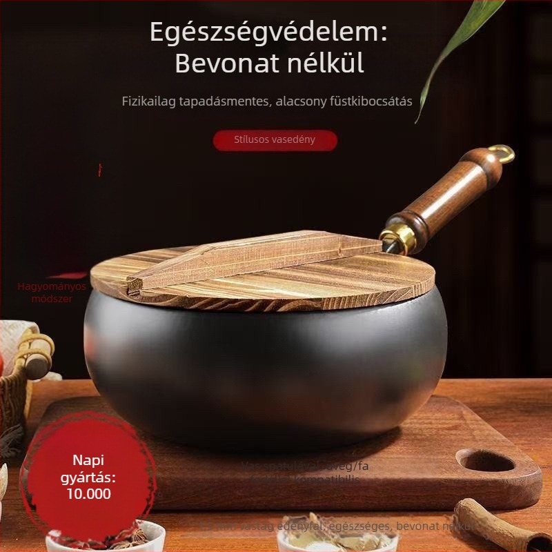 Otthoni használatra szánt mini vas edény, mély serpenyő bevonat nélkül, sík aljzattal és üvegfedővel, hagyományos nagy pocak kialakítású