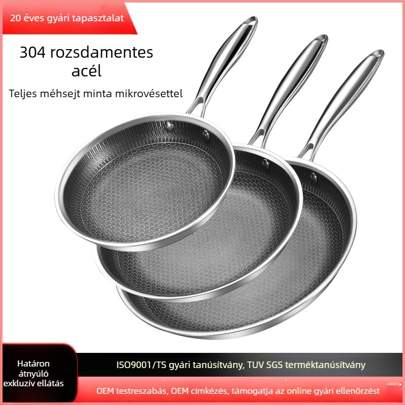 304 rozsdamentes acélból készült serpenyő, tapadásmentes bevonattal, sík aljzattal, indukciós és gáztűzhelyen használható