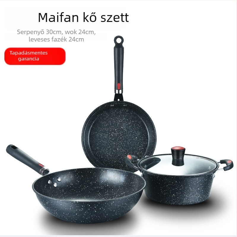 Máifan kő alapú tapadásmentes edénykészlet (3 darab) — wok 30 cm, serpenyő 24 cm, leveses fazék 24 cm, ajándékdobozban
