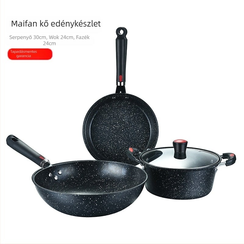 Máifan kő alapú tapadásmentes edénykészlet (3 darab) — wok 30 cm, serpenyő 24 cm, leveses fazék 24 cm, ajándékdobozban