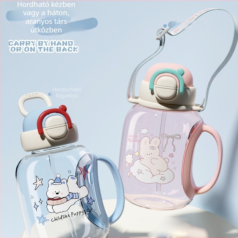 Little Tea Diary Gyerekeknek Szánt Kerekded Vízpohár Szívószállal, Hordozható Műanyag Pohár Fedéllel, Egyszerű Nyitású Fedél