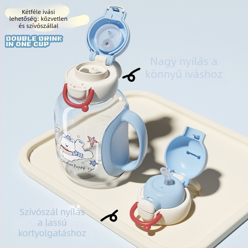 Little Tea Diary Gyerekeknek Szánt Kerekded Vízpohár Szívószállal, Hordozható Műanyag Pohár Fedéllel, Egyszerű Nyitású Fedél