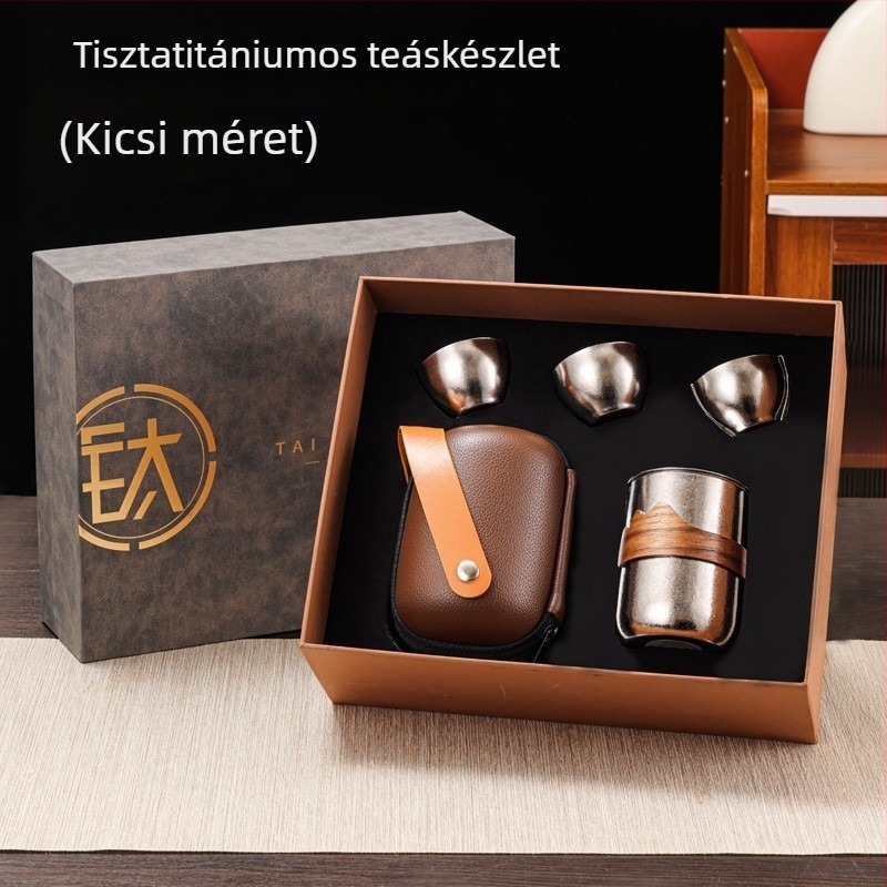 Kültéri hordozható tiszta titán teáskészlet, monolitikus kialakítás, dupla falú, égésvédett, ajándékdobozzal