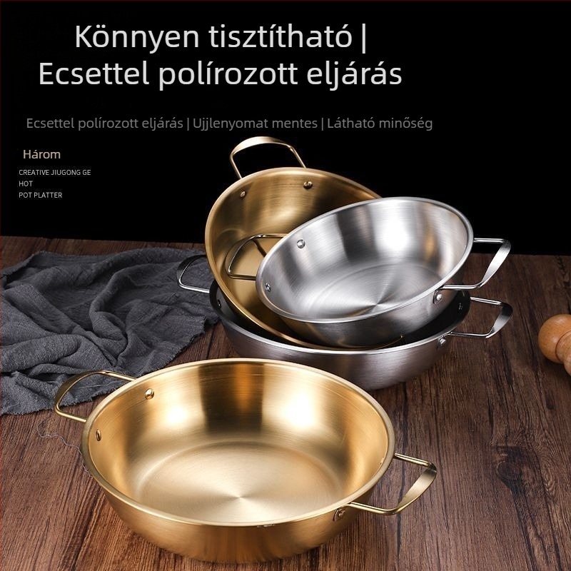 Koreai stílusú tésztás edény, rozsdamentes acélból, dupla fogantyúval, arany felület, 1 literes kapacitás ramenhez és tengeri ételekhez