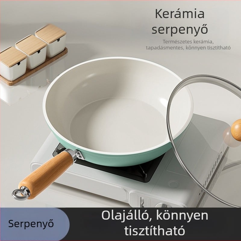 Kék kerámia tapadásmentes serpenyő, sík aljzattal, háztartási használatra, minden tűzhelyhez