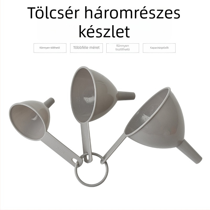 Műanyag három darabos konyhai tölcsérkészlet – tölcsérek olajhoz, borhoz és gabonához.