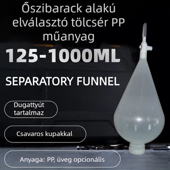 Körte alakú szétválasztó tölcsér, áttetsző PP és teljesen átlátszó üveg, pistonnal és spirálos műanyag sapkával