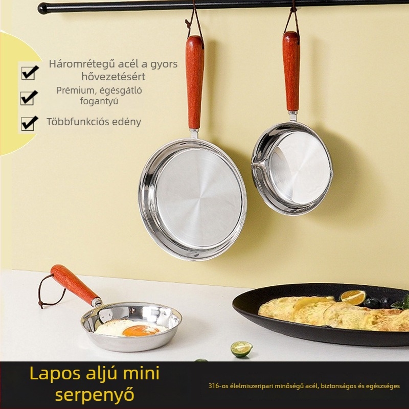 304 rozsdamentes acél lapos aljú serpenyő, kis méretű tojás sütő serpenyő, többfunkciós, bevonat nélküli