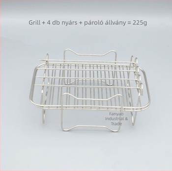 Téglalap alakú, kétszintes rozsdamentes acél grillsütő rács négy nyárssal, air fryerhez és otthoni barbecue-hoz