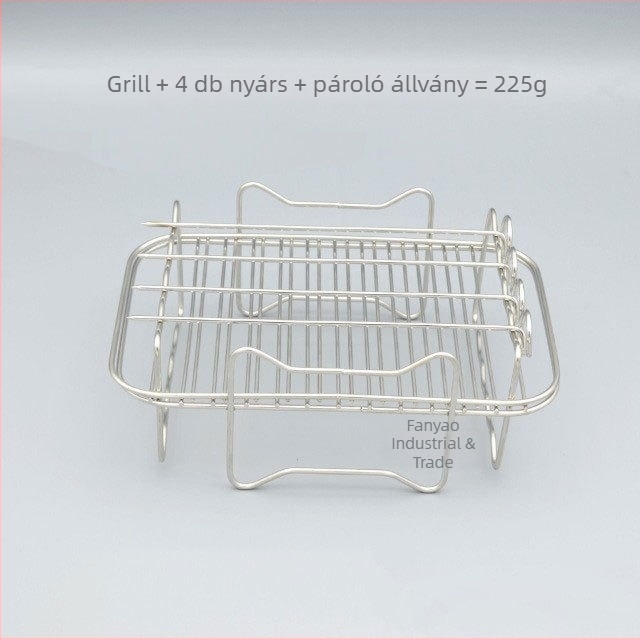 Téglalap alakú, kétszintes rozsdamentes acél grillsütő rács négy nyárssal, air fryerhez és otthoni barbecue-hoz