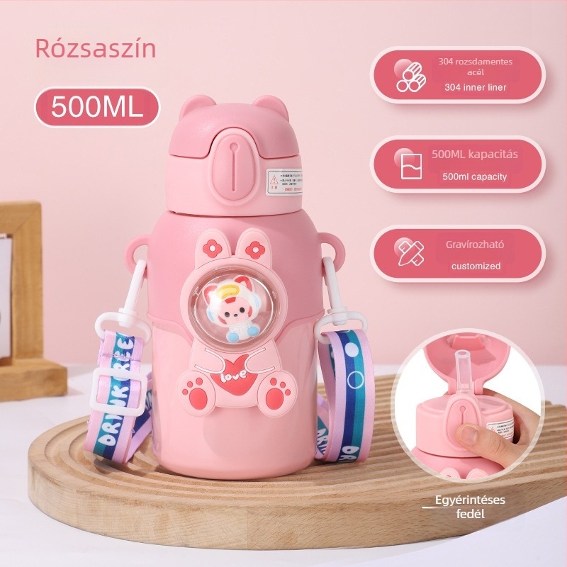 316 rozsdamentes acélból készült gyerek termosz, nagy kapacitású, vállpántos, hordozható, szívószállal, zárható fedél