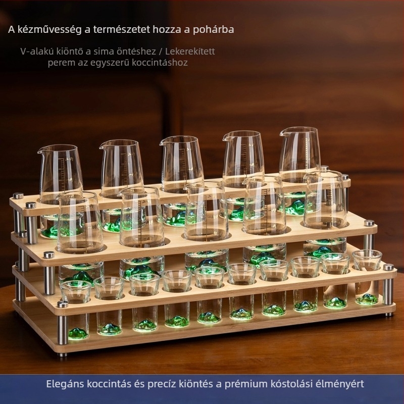 Háztartási likőros üvegkészlet, 100 ml-es adagolóval, kis poharakkal és pohártartóval, elegáns retro stílusú, mérőskálával
