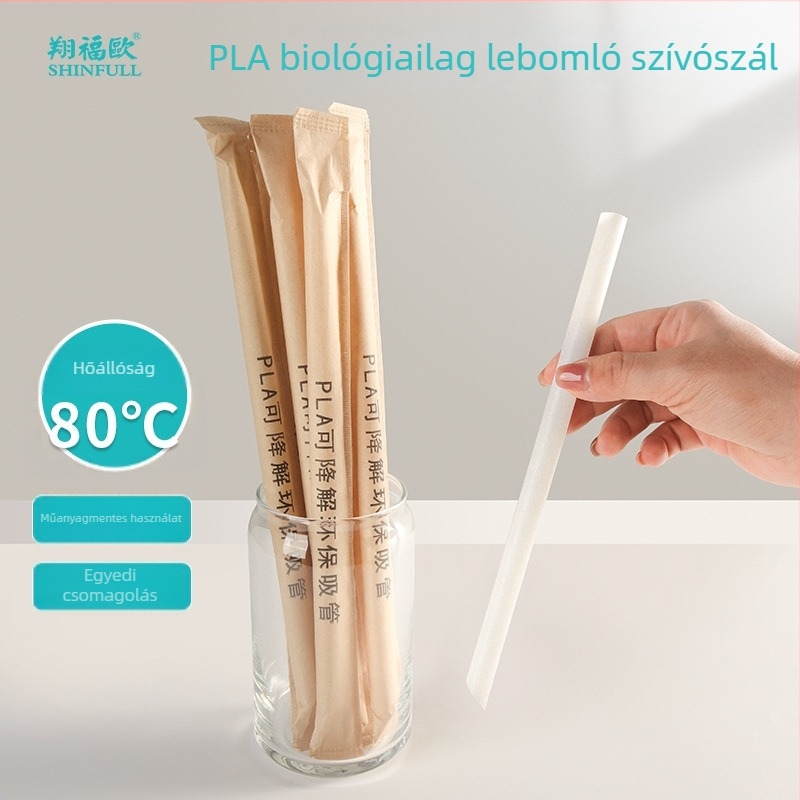 Környezeti barát biológiailag lebomló PLA szívószál, hőálló 80°C-ig, tej-teához való szívószál PLA papír csomagolásban, egyenként csomagolva.