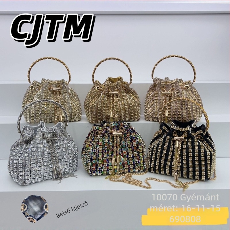 Női rhinestone esté táska, bucket-stílus, húzókötéses zárás és bojt, kis méret, akrilból, poliészter bélés, egy vállpánt, ősz 2025