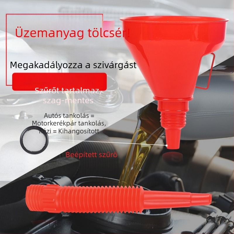 Nagy üzemanyag tölcsér hosszú csővel és szűrővel, színes tölcsér motorkerékpárokhoz és autókhoz, hands-free használat