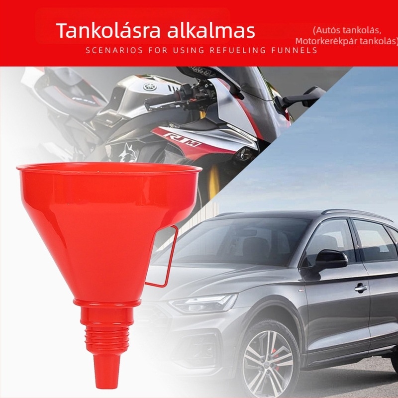 Nagy üzemanyag tölcsér hosszú csővel és szűrővel, színes tölcsér motorkerékpárokhoz és autókhoz, hands-free használat
