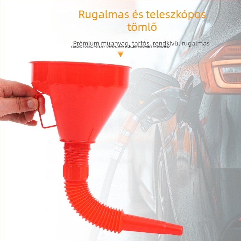 Nagy üzemanyag tölcsér hosszú csővel és szűrővel, színes tölcsér motorkerékpárokhoz és autókhoz, hands-free használat
