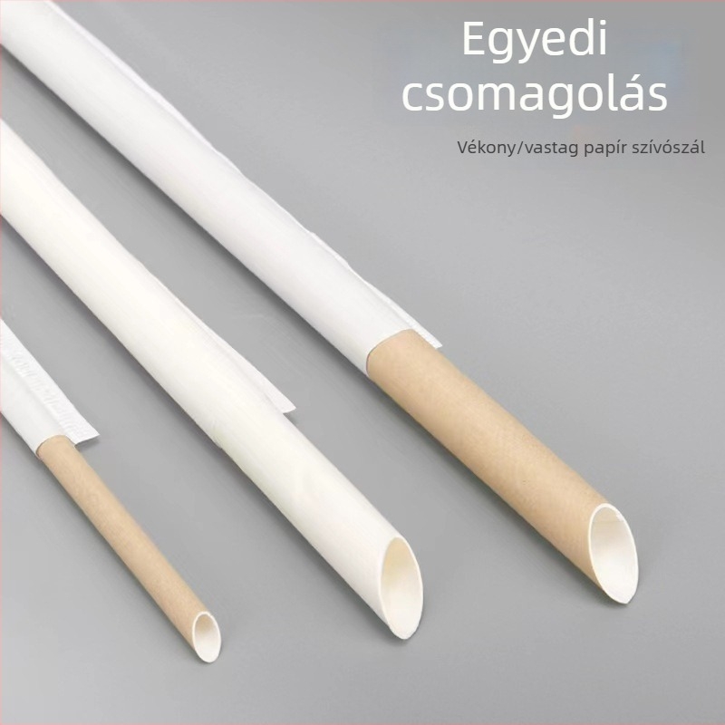 Biodegradábilis, egyszer használatos papírszívószál egyedi csomagolásban, fehér és sárga színben, élelmiszer-minőségű.
