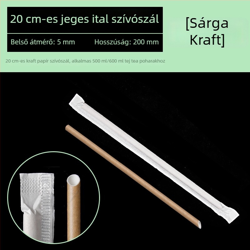 Biodegradábilis, egyszer használatos papírszívószál egyedi csomagolásban, fehér és sárga színben, élelmiszer-minőségű.
