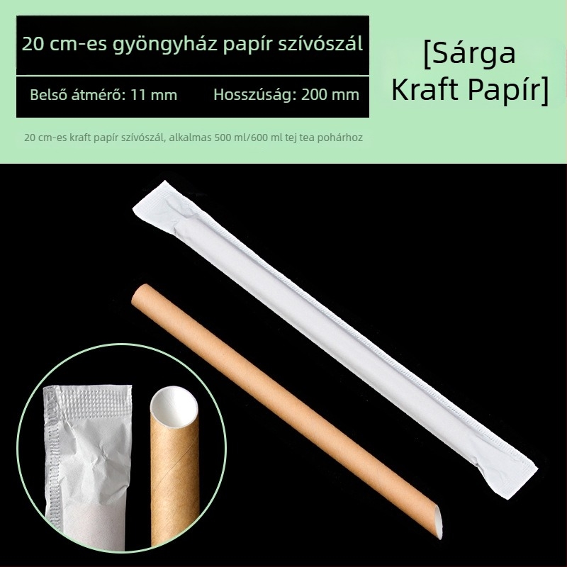 Biodegradábilis, egyszer használatos papírszívószál egyedi csomagolásban, fehér és sárga színben, élelmiszer-minőségű.