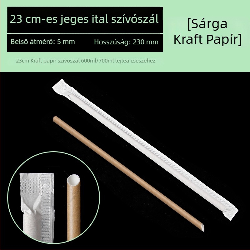 Biodegradábilis, egyszer használatos papírszívószál egyedi csomagolásban, fehér és sárga színben, élelmiszer-minőségű.