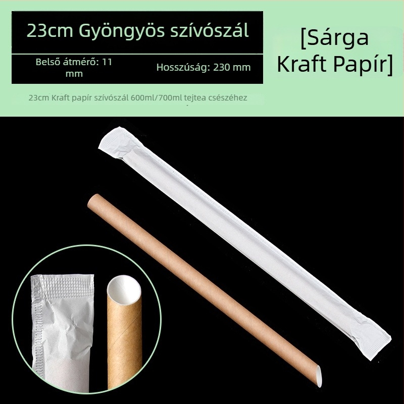 Biodegradábilis, egyszer használatos papírszívószál egyedi csomagolásban, fehér és sárga színben, élelmiszer-minőségű.