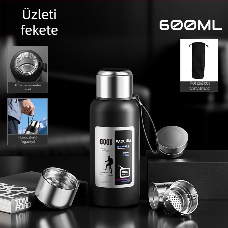 Férfi kültéri termosz, 1500 ml-es kapacitással, belső 316-os rozsdamentes acél, teázó rekesz, vákuum szigetelés, autóhoz, személyre szabható ajándék