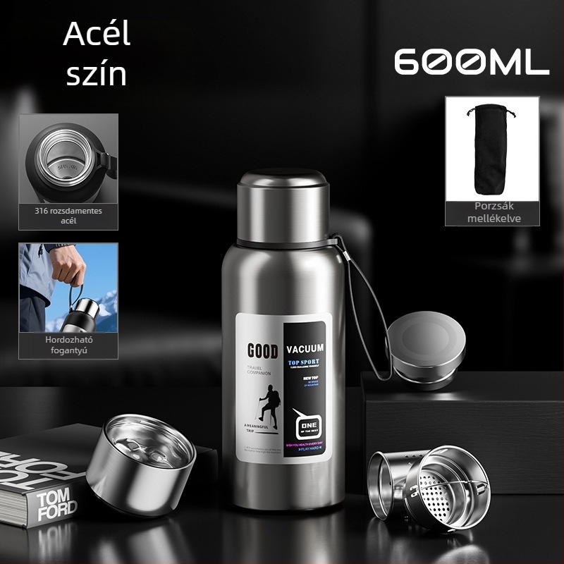 Férfi kültéri termosz, 1500 ml-es kapacitással, belső 316-os rozsdamentes acél, teázó rekesz, vákuum szigetelés, autóhoz, személyre szabható ajándék
