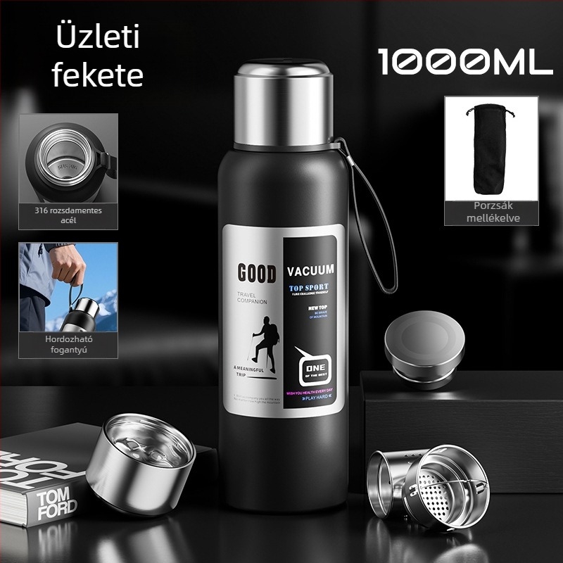 Férfi kültéri termosz, 1500 ml-es kapacitással, belső 316-os rozsdamentes acél, teázó rekesz, vákuum szigetelés, autóhoz, személyre szabható ajándék