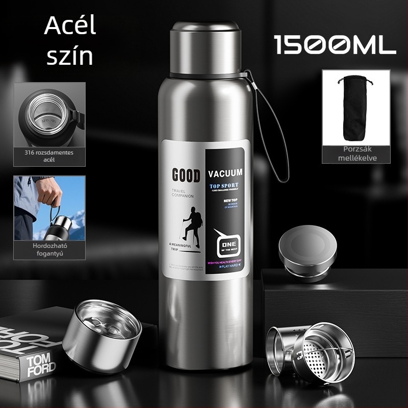 Férfi kültéri termosz, 1500 ml-es kapacitással, belső 316-os rozsdamentes acél, teázó rekesz, vákuum szigetelés, autóhoz, személyre szabható ajándék
