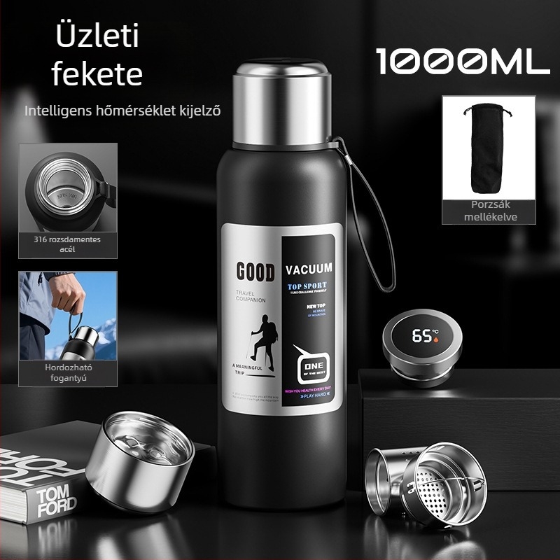Férfi kültéri termosz, 1500 ml-es kapacitással, belső 316-os rozsdamentes acél, teázó rekesz, vákuum szigetelés, autóhoz, személyre szabható ajándék