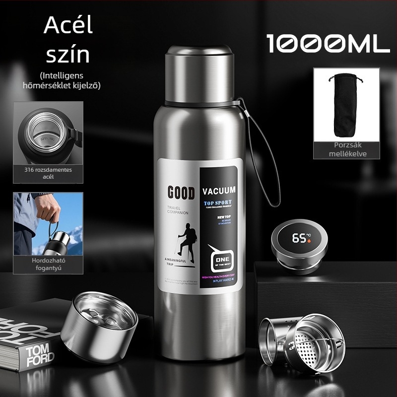 Férfi kültéri termosz, 1500 ml-es kapacitással, belső 316-os rozsdamentes acél, teázó rekesz, vákuum szigetelés, autóhoz, személyre szabható ajándék